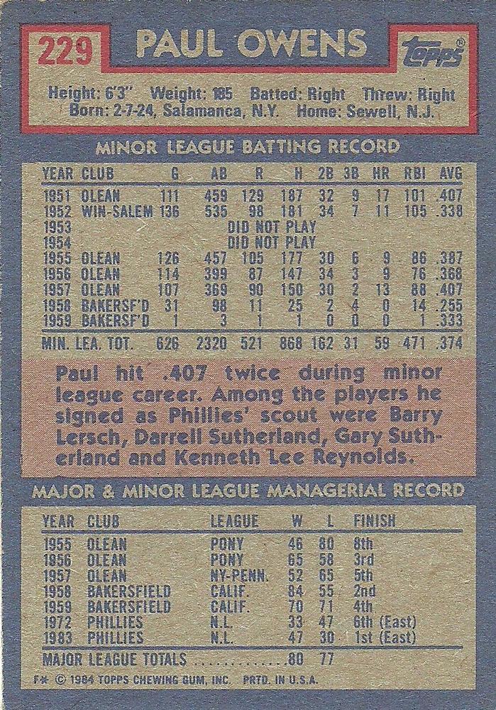 Paul Owens  baseball card collectible - Main Image 2