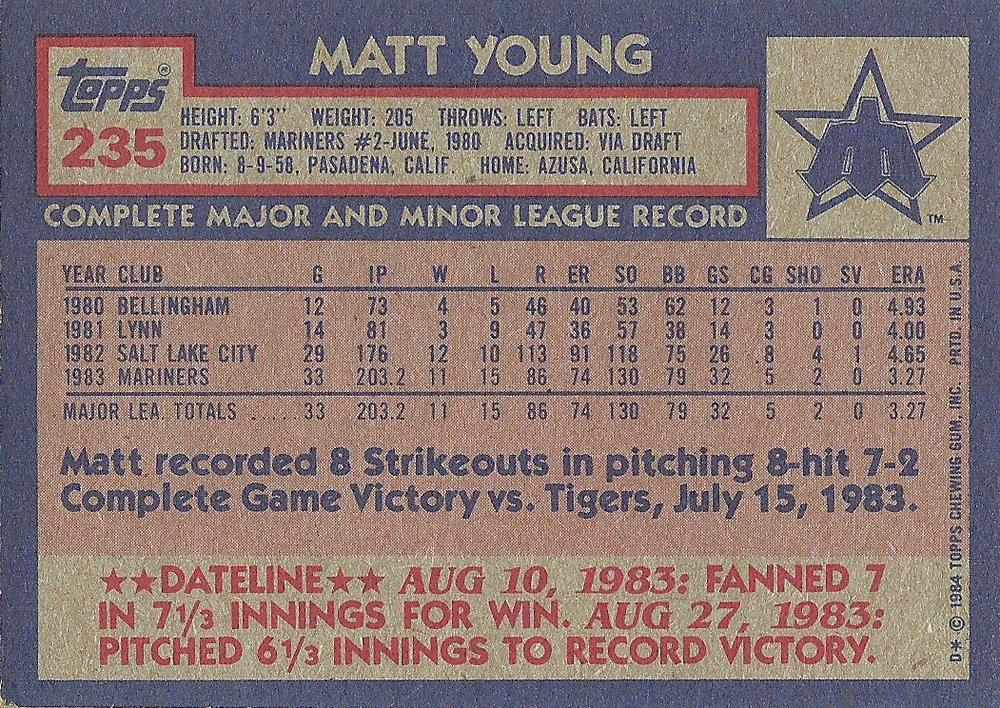 Matt Young  baseball card collectible - Main Image 2