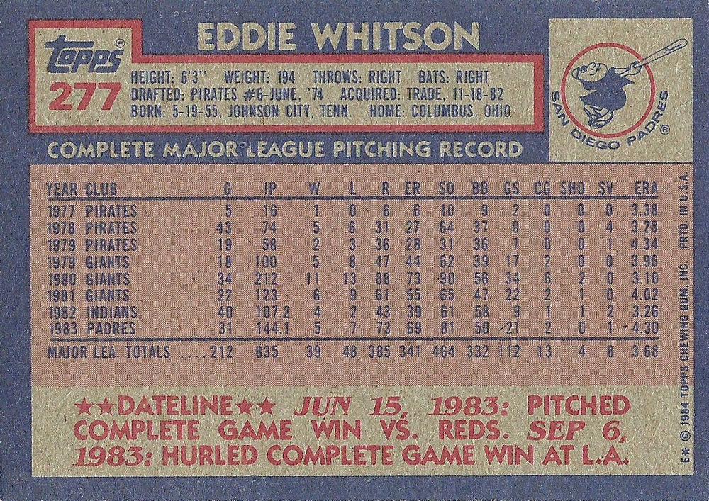 Eddie Whitson  baseball card collectible - Main Image 2
