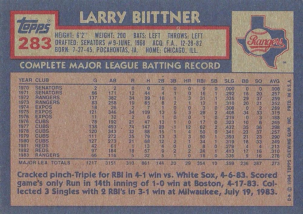 Larry Biittner  baseball card collectible - Main Image 2