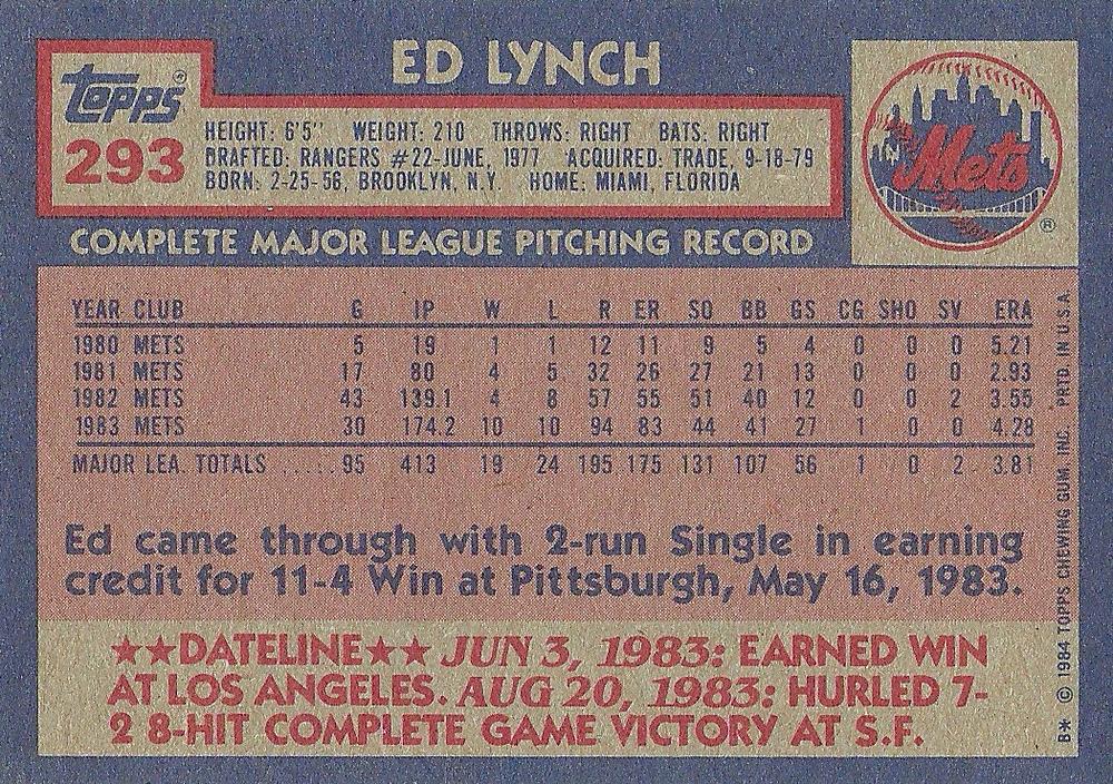 Ed Lynch  baseball card collectible - Main Image 2
