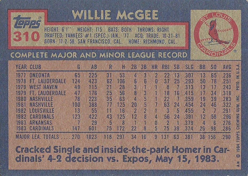 Willie McGee  baseball card collectible - Main Image 2