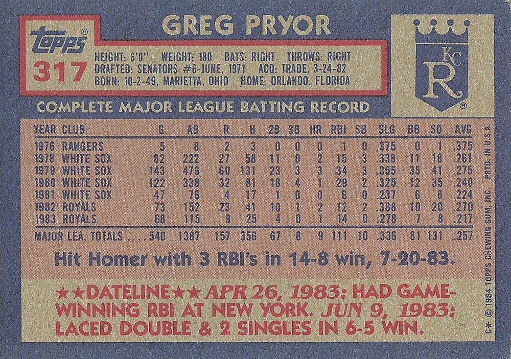 Greg Pryor  baseball card collectible - Main Image 2
