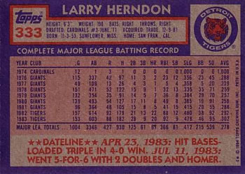 Larry Herndon  baseball card collectible - Main Image 2