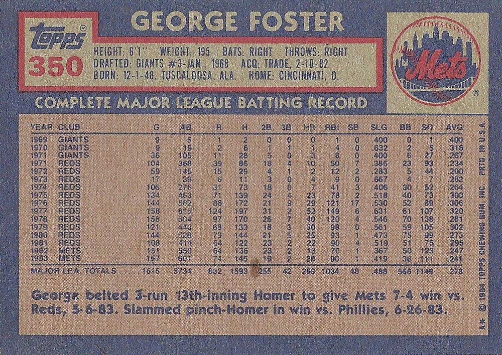 George Foster  baseball card collectible - Main Image 2