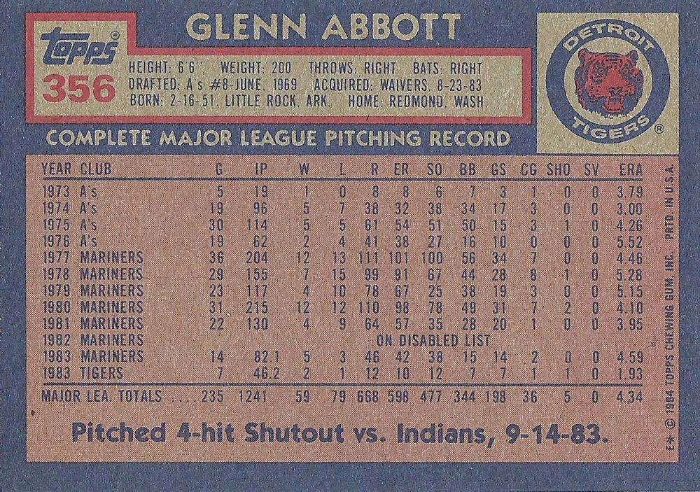 Glenn Abbott  baseball card collectible - Main Image 2