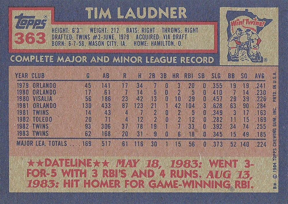 Tim Laudner  baseball card collectible - Main Image 2