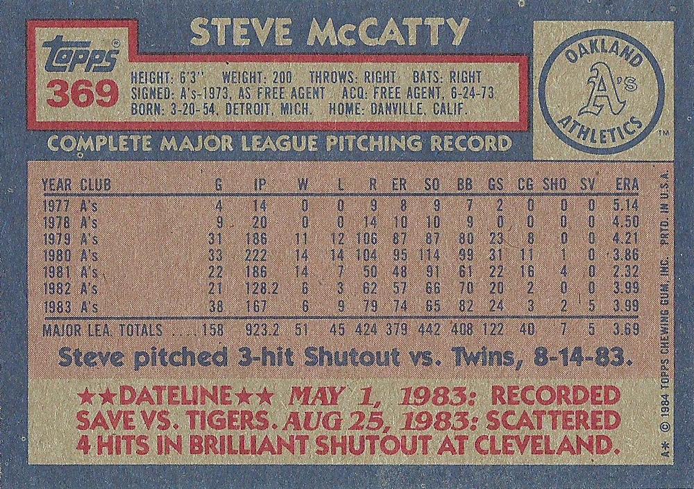 Steve McCatty  baseball card collectible - Main Image 2