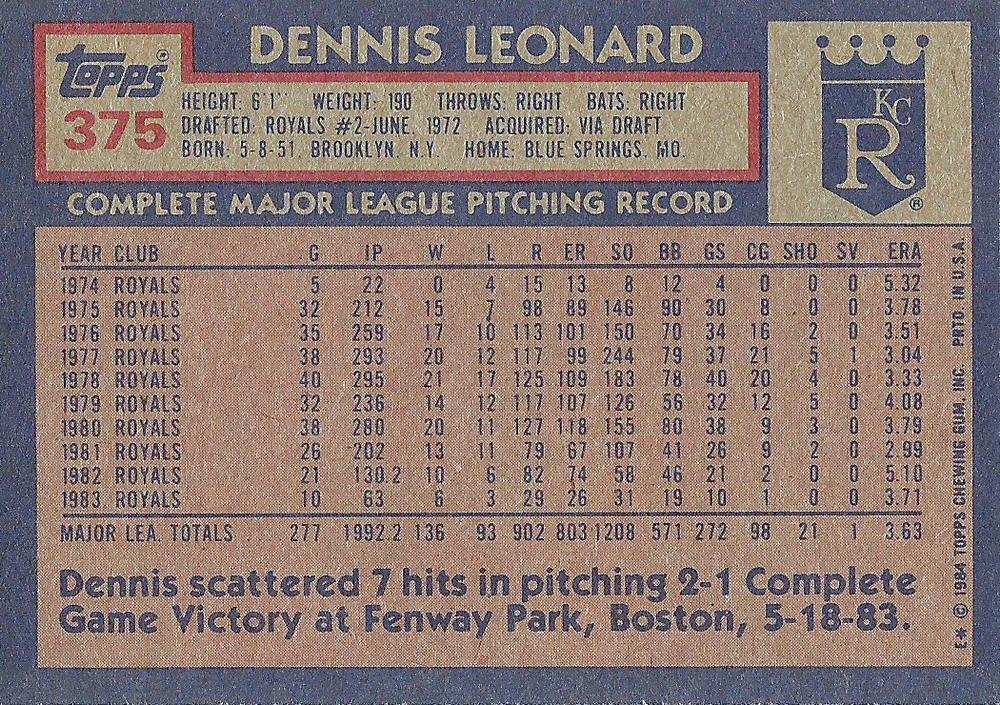 Dennis Leonard  baseball card collectible - Main Image 2
