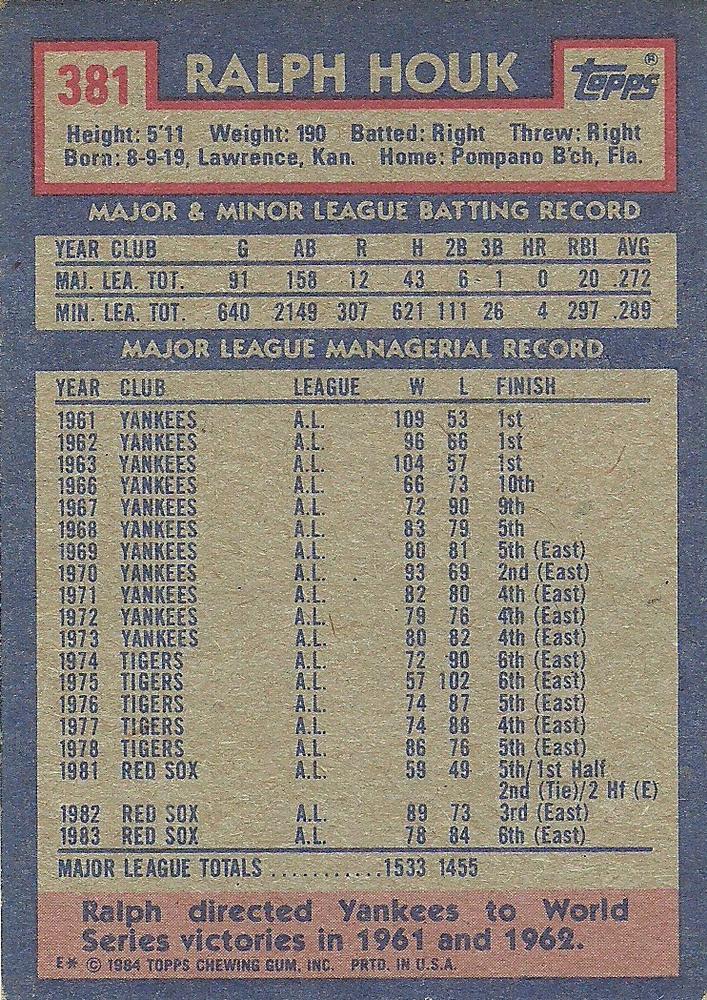 Ralph Houk  baseball card collectible - Main Image 2
