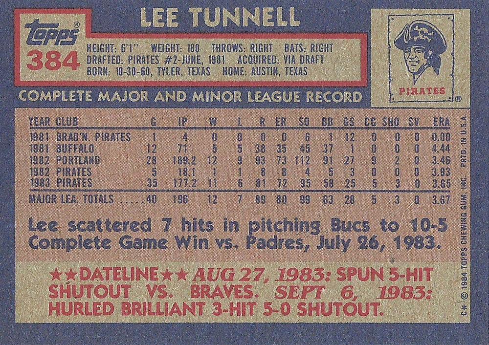 Lee Tunnell  baseball card collectible - Main Image 2
