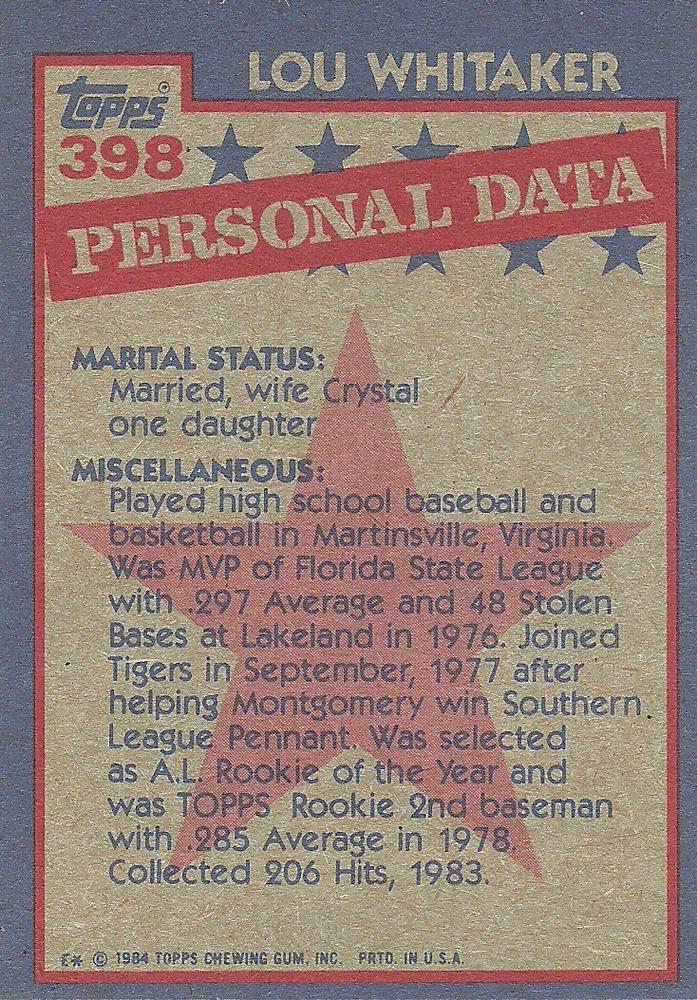 Lou Whitaker  baseball card collectible - Main Image 2