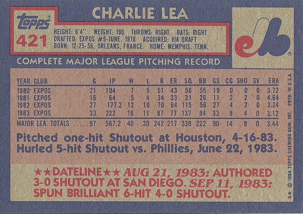 Charlie Lea  baseball card collectible - Main Image 2