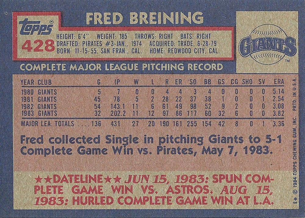 Fred Breining  baseball card collectible - Main Image 2