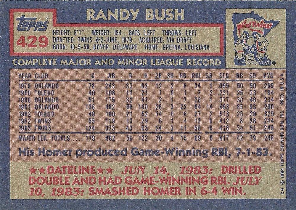 Randy Bush  baseball card collectible - Main Image 2