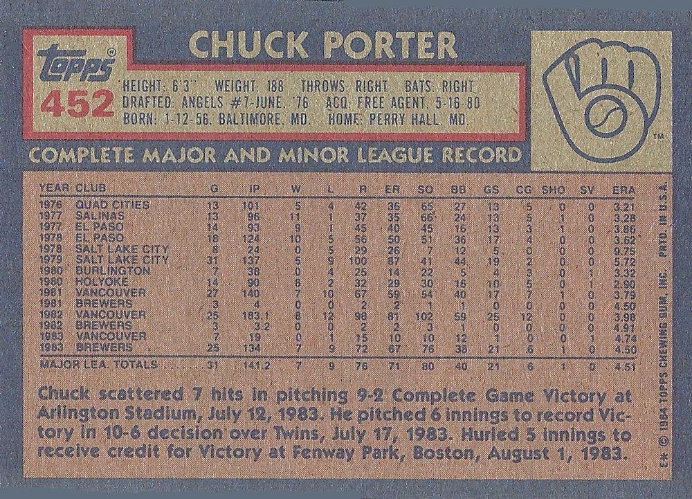 Chuck Porter  baseball card collectible - Main Image 2