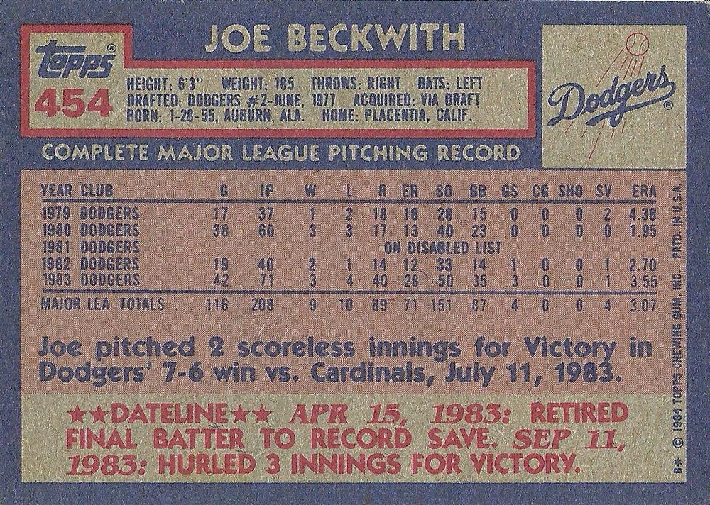Joe Beckwith  baseball card collectible - Main Image 2