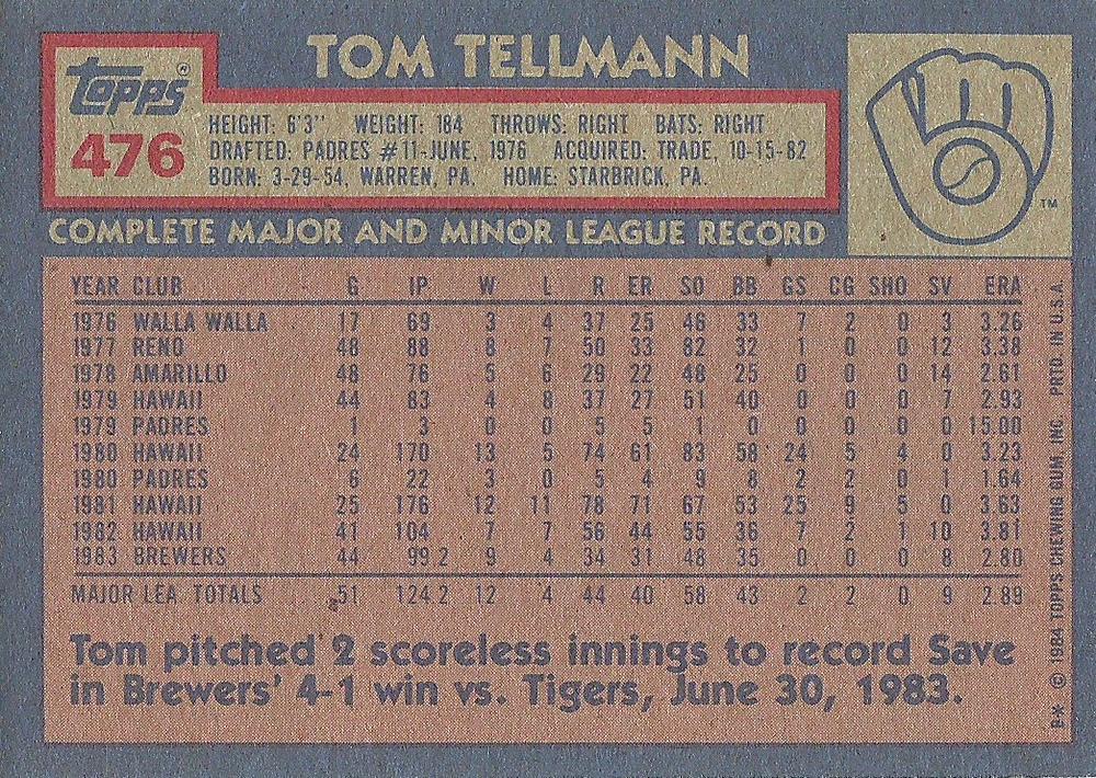 Tom Tellmann  baseball card collectible - Main Image 2
