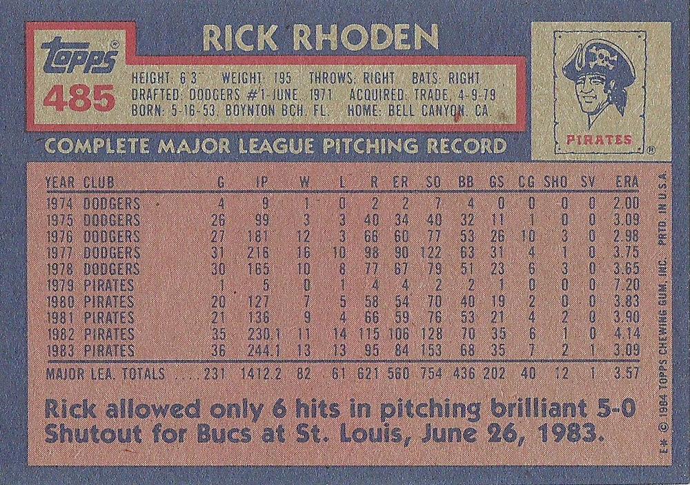 Rick Rhoden  baseball card collectible - Main Image 2