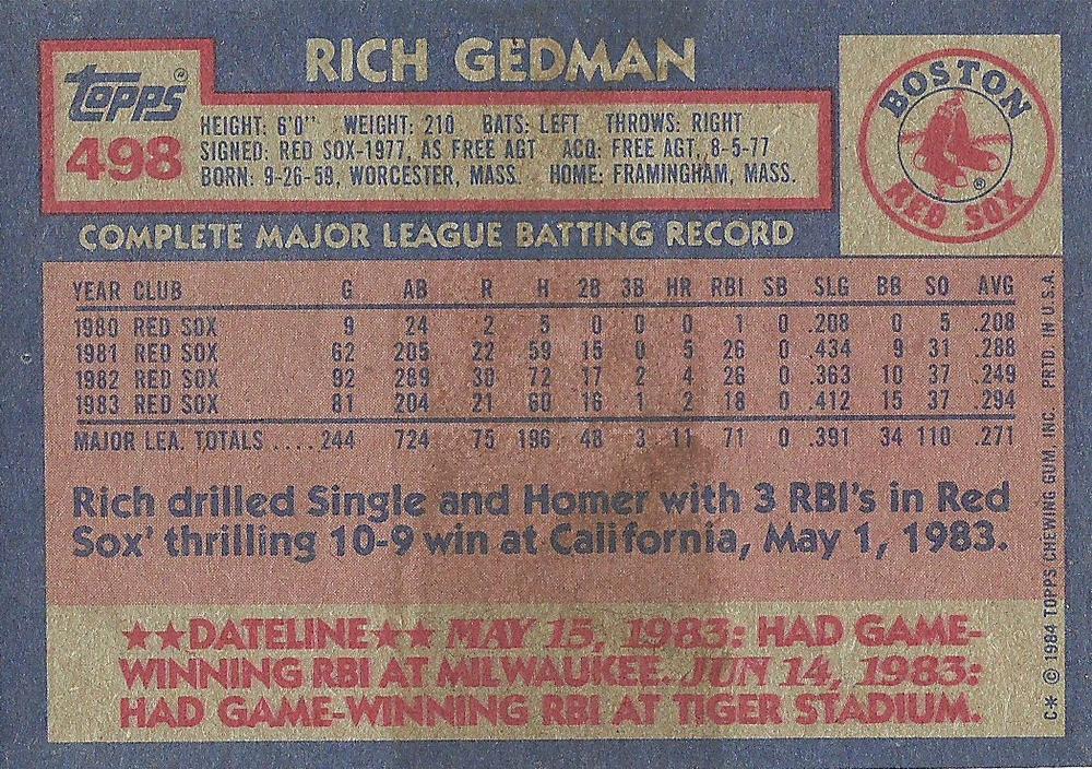 Rich Gedman  baseball card collectible - Main Image 2