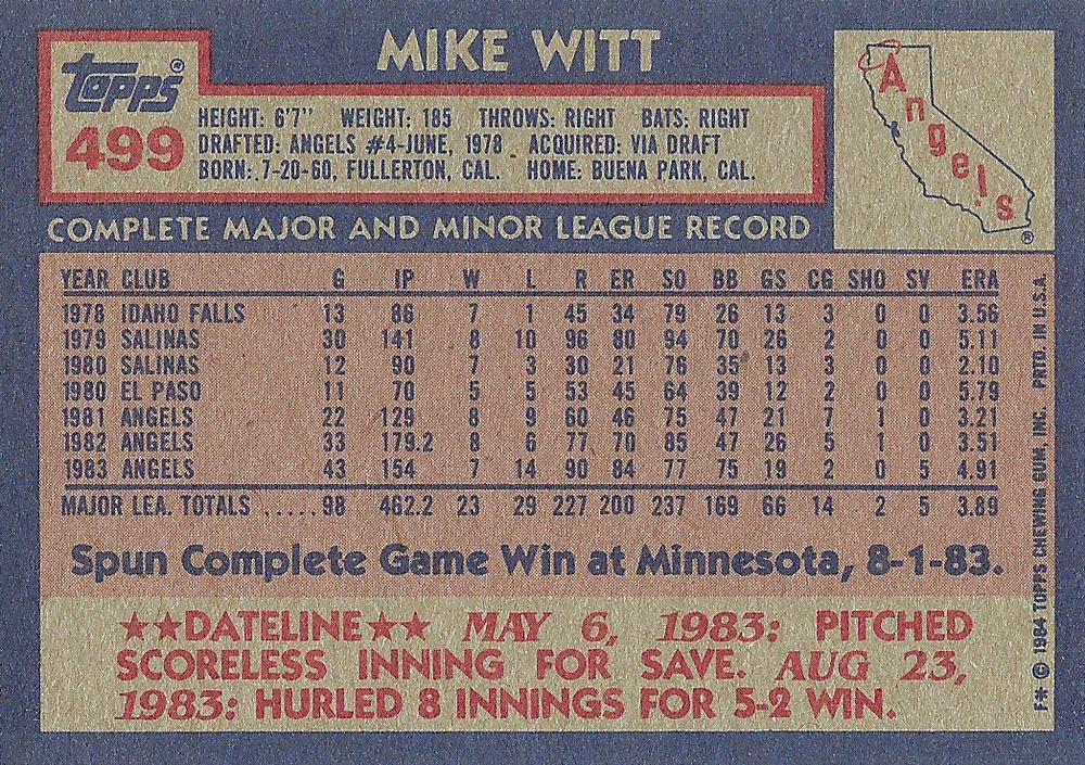 Mike Witt  baseball card collectible - Main Image 2