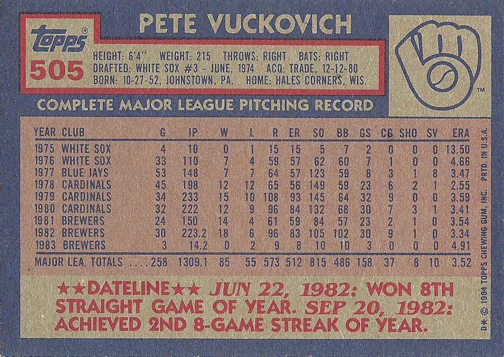 Pete Vuckovich  baseball card collectible - Main Image 2