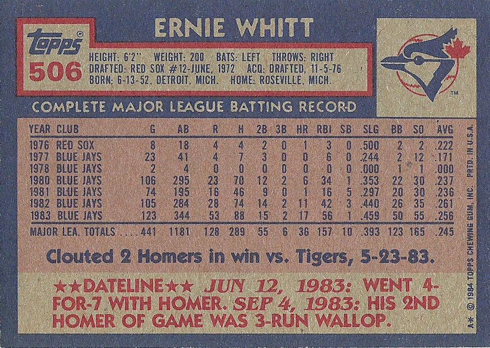 Ernie Whitt  baseball card collectible - Main Image 2
