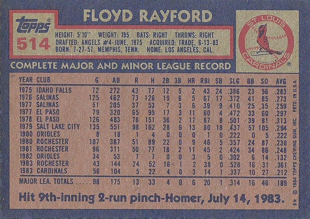Floyd Rayford  baseball card collectible - Main Image 2