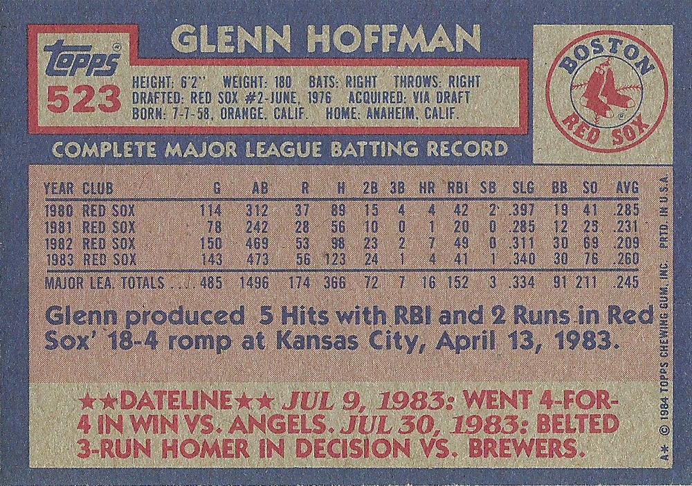 Glenn Hoffman  baseball card collectible - Main Image 2