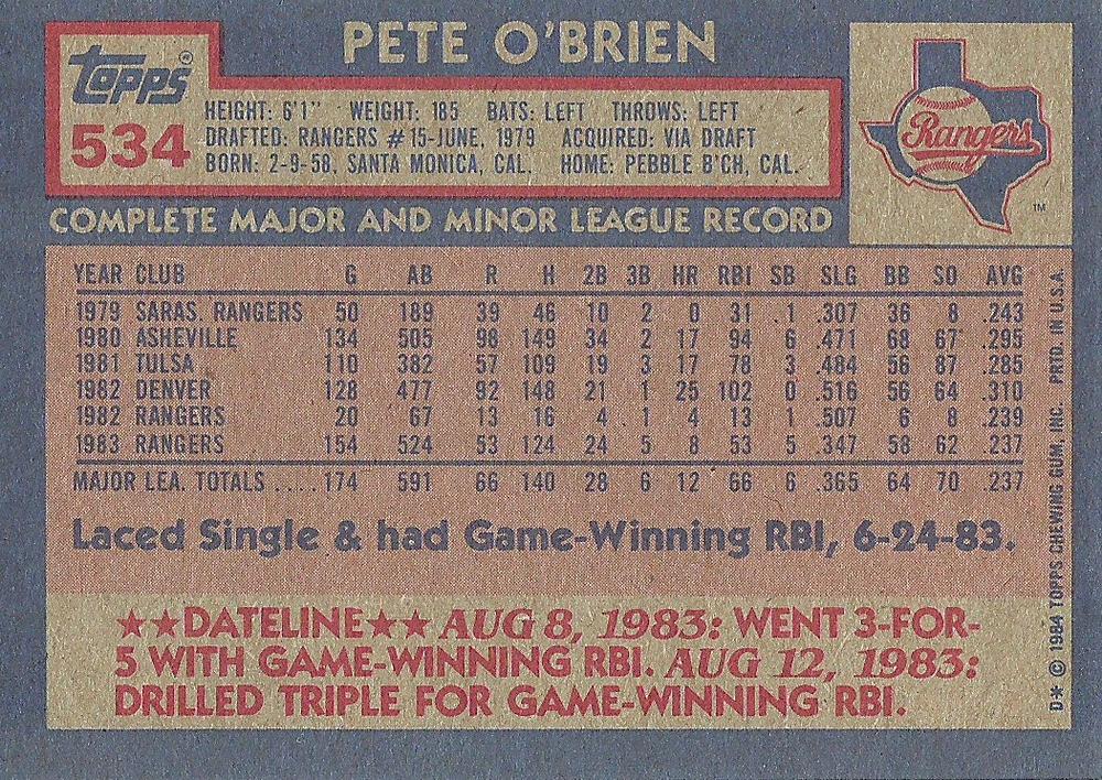 Pete O’Brien  baseball card collectible - Main Image 2