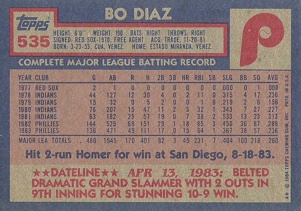 Bo Diaz  baseball card collectible - Main Image 2
