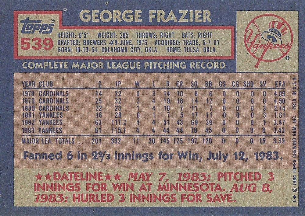 George Frazier  baseball card collectible - Main Image 2