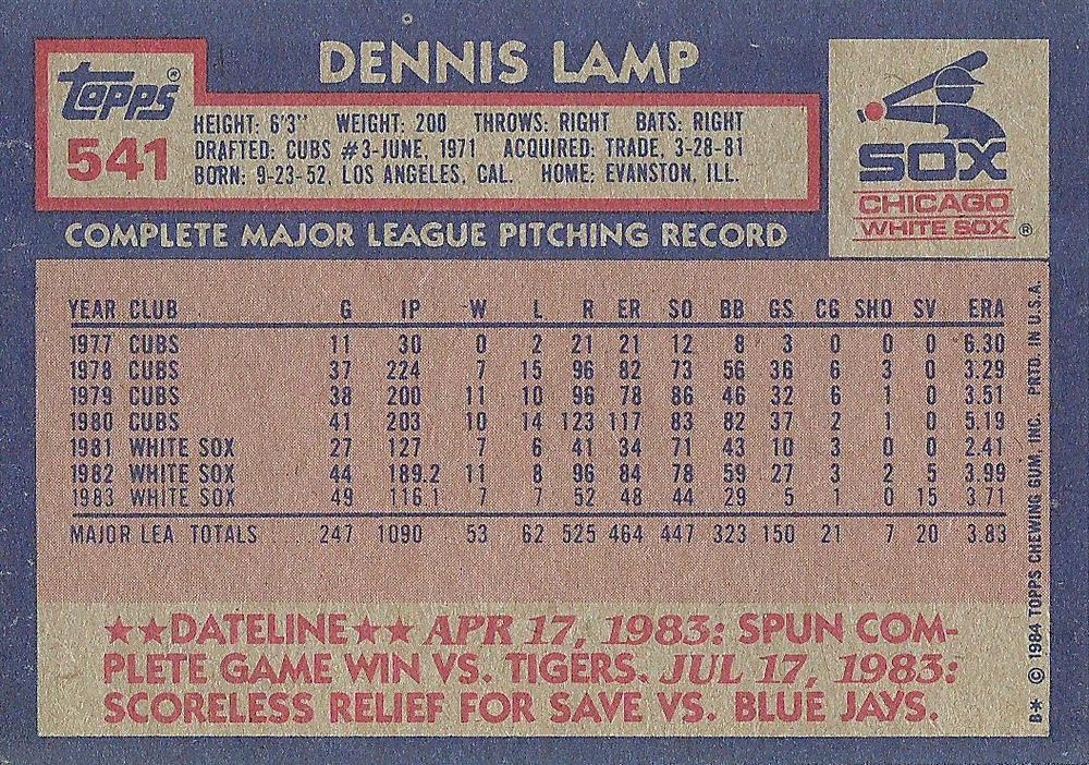 Dennis Lamp  baseball card collectible - Main Image 2