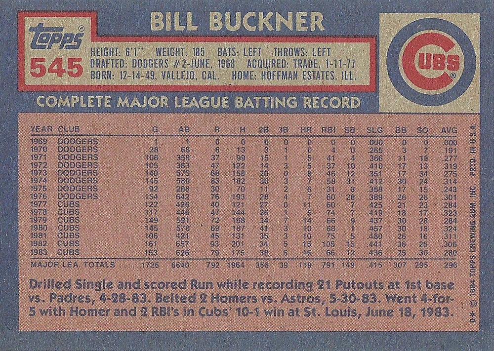 Bill Buckner  baseball card collectible - Main Image 2