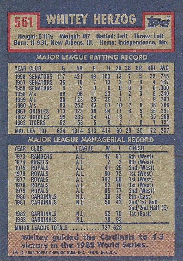 Whitey Herzog  baseball card collectible - Main Image 2