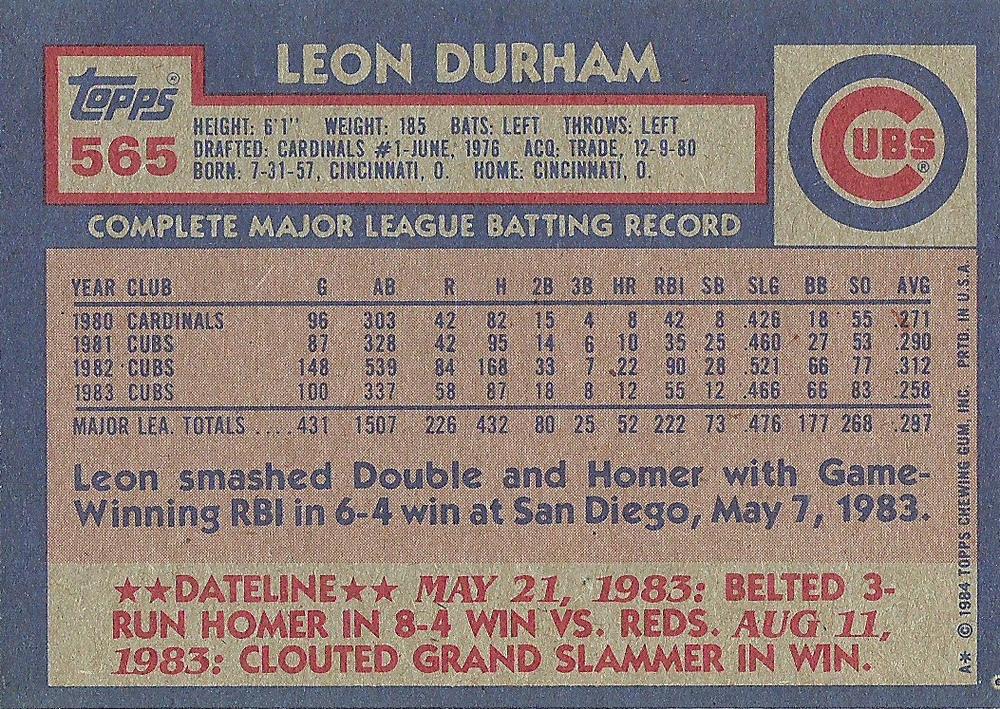 Leon Durham  baseball card collectible - Main Image 2