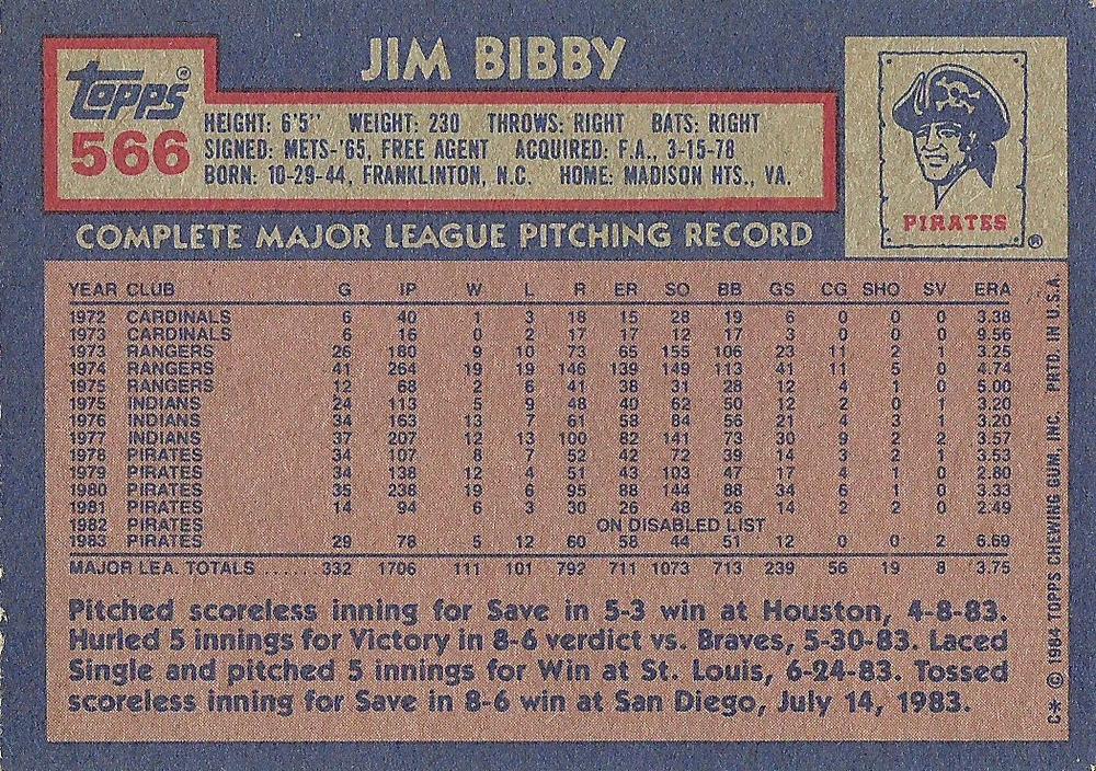 Jim Bibby  baseball card collectible - Main Image 2