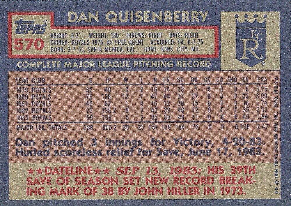 Dan Quisenberry  baseball card collectible - Main Image 2