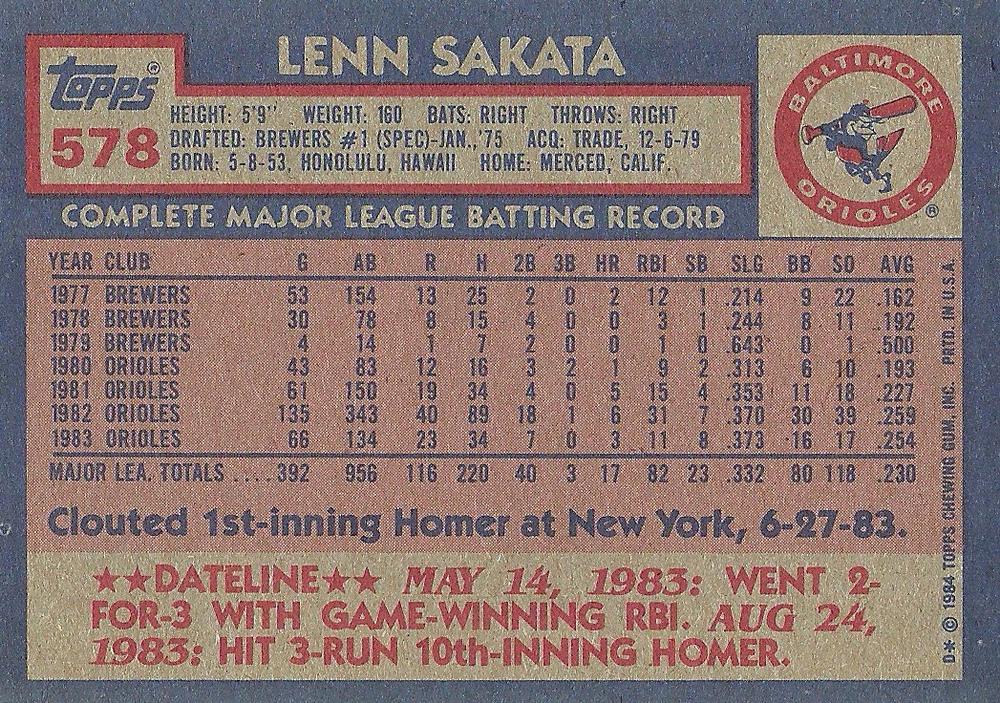 Lenn Sakata  baseball card collectible - Main Image 2