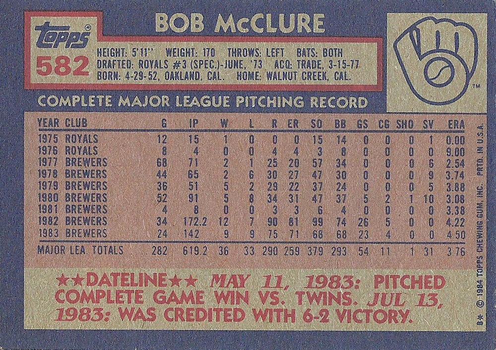 Bob McClure  baseball card collectible - Main Image 2