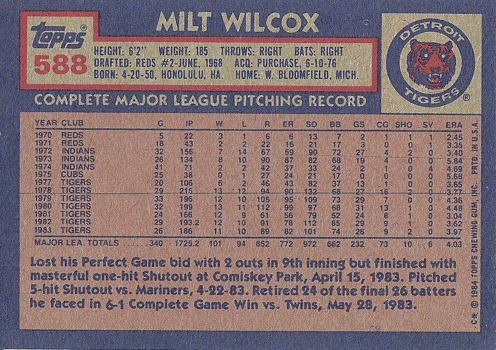 Milt Wilcox  baseball card collectible - Main Image 2