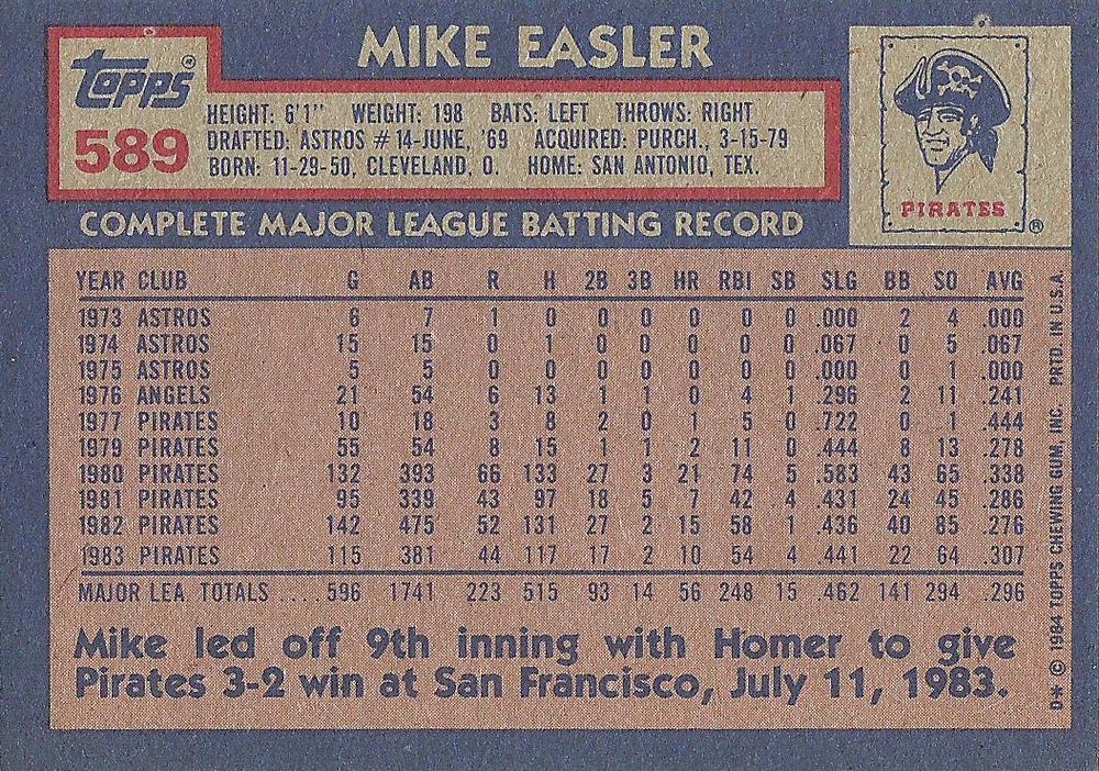 Mike Easler  baseball card collectible - Main Image 2