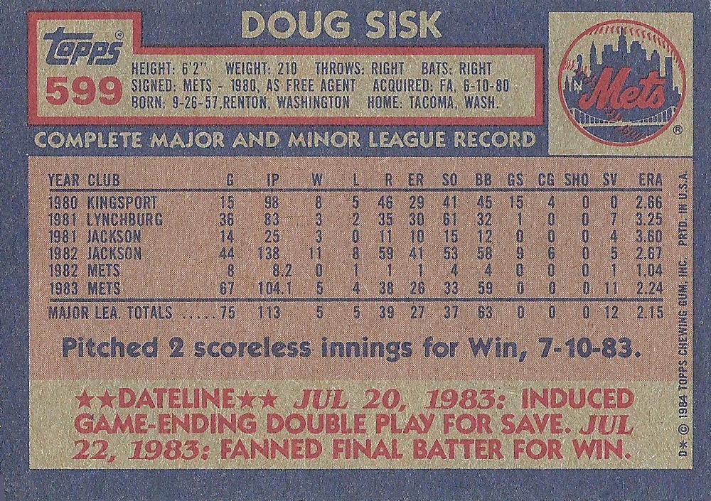 Doug Sisk  baseball card collectible - Main Image 2