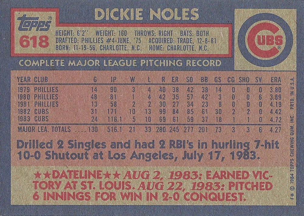 Dickie Noles  baseball card collectible - Main Image 2