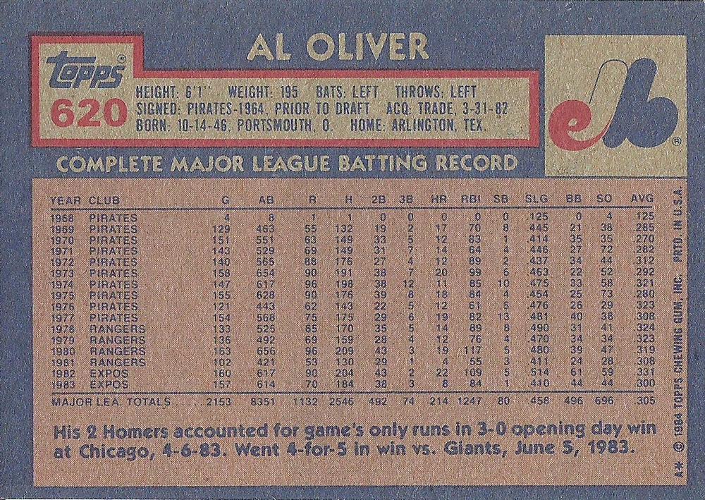Al Oliver  baseball card collectible - Main Image 2