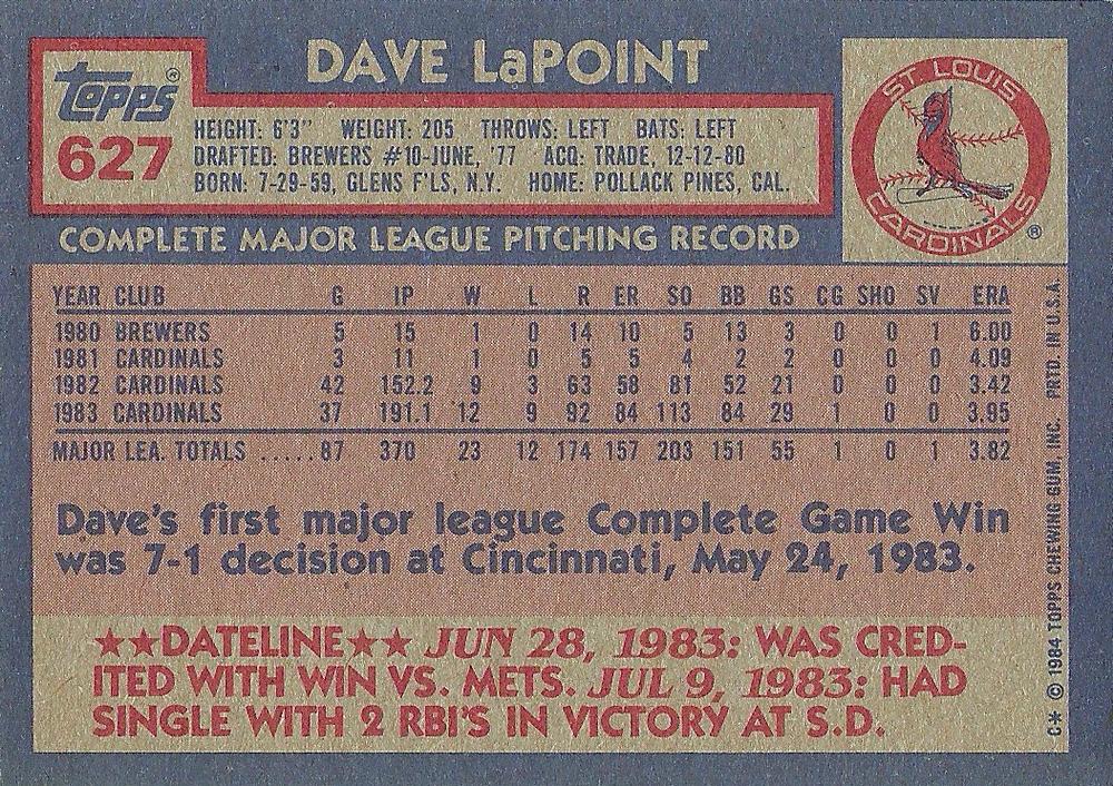 Dave LaPoint  baseball card collectible - Main Image 2