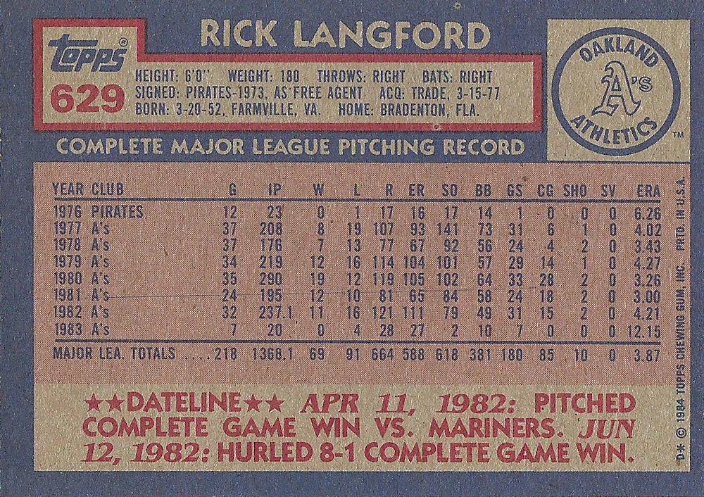 Rick Langford  baseball card collectible - Main Image 2