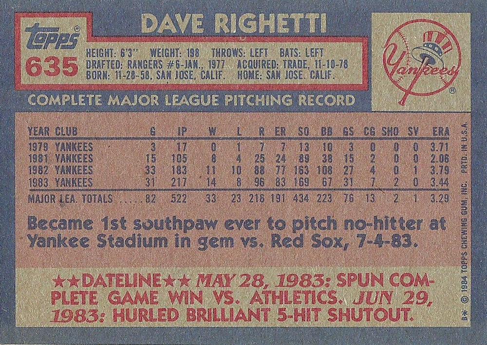 Dave Righetti  baseball card collectible - Main Image 2