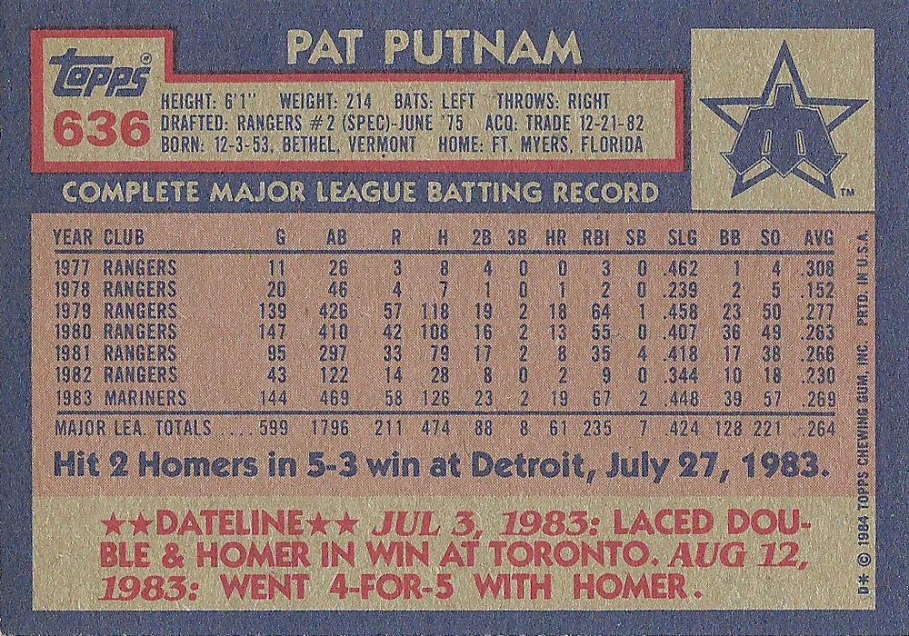 Pat Putnam  baseball card collectible - Main Image 2