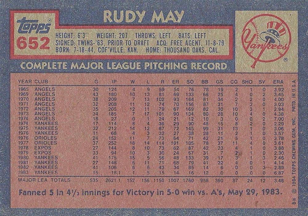 Rudy May  baseball card collectible - Main Image 2